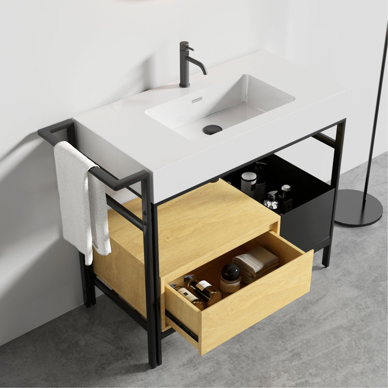 Meuble-lavabo de style industriel avec structure en métal, Black Oak/White
