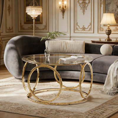 Table basse de 31,5 pouces avec plateau rond en verre et cadre en métal circulaire pour le salon, le bureau et le salon