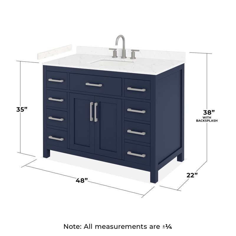 Meuble-lavabo simple de 48 po Beckett en bleu foncé, comptoir en marbre de culture de Carrare, lavabo carré encastré (3 trous), garniture en nickel brossé