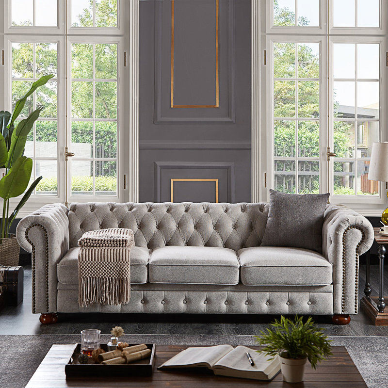 Gurnaik Upholstered 3-Seater Sofa, Gray Linen Duplicate