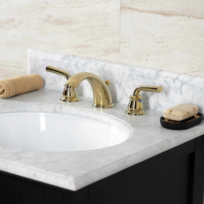 Kingston Brass Restoration Two-Handle 3-Hole Deck Mount Widespread Bathroom Faucet with Retail Pop-Up Drain, Polished Brass