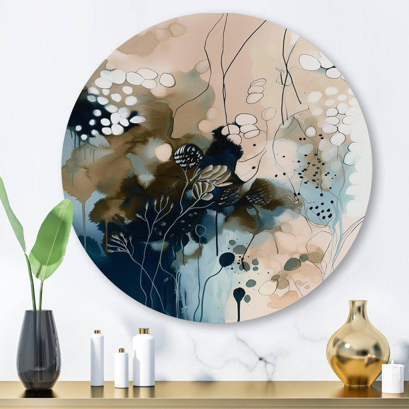 Blue Abstract Reflections I - Art mural rond abstrait sur métal, H 23 po x l 23 po x P 1 po