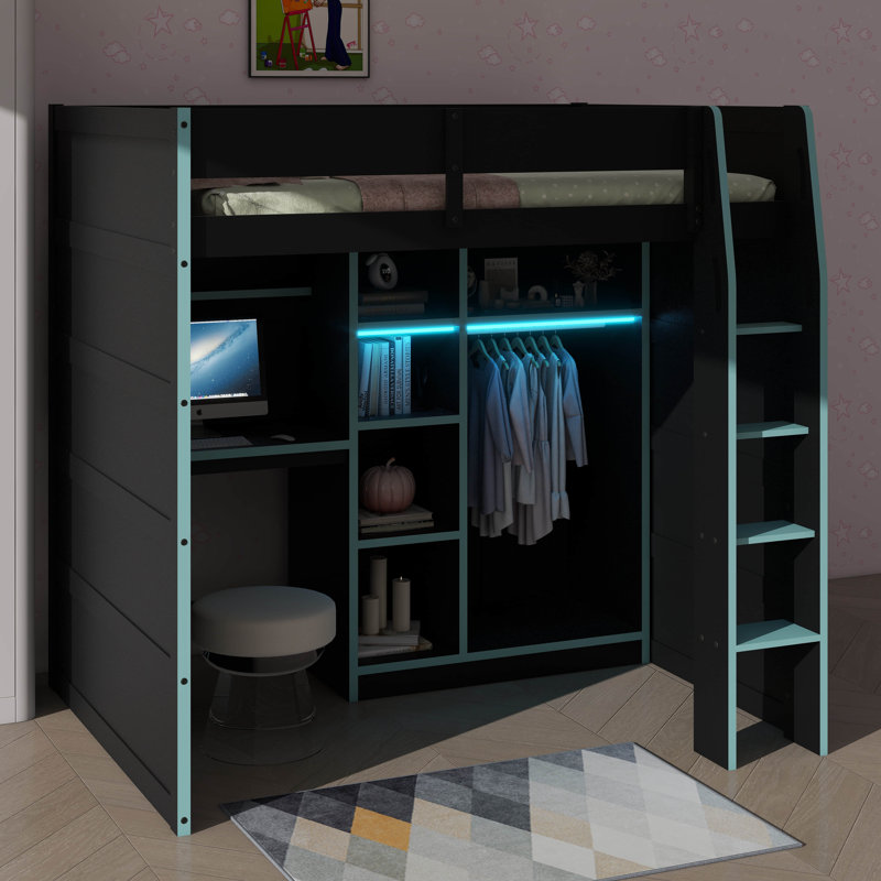 Lit mezzanine de jeu complet complet avec bureau, plusieurs supports de rangement et des lits à DEL personnalisables, lit mezzanine de jeu en bois avec armoire de rangement et échelle d'accès