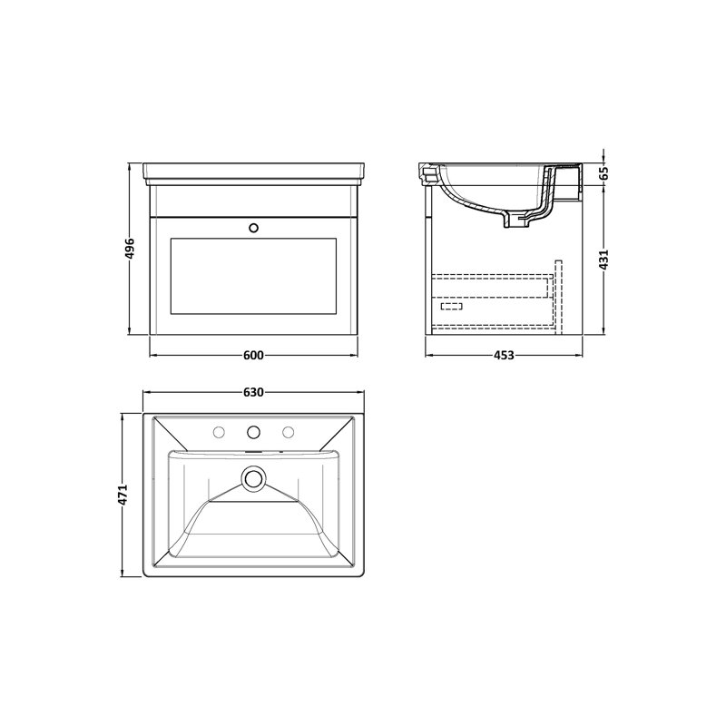 Classique 600mm Wall Mounted Single Bathroom Vanity with Vitreous China Vanity Top, Satin Anthracite