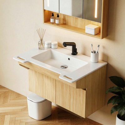 32" ADA-Friendly Wall-Mounted Floating Single Bathroom Vanity with Resin Sink and Soft-Close Doors, Light Oak
