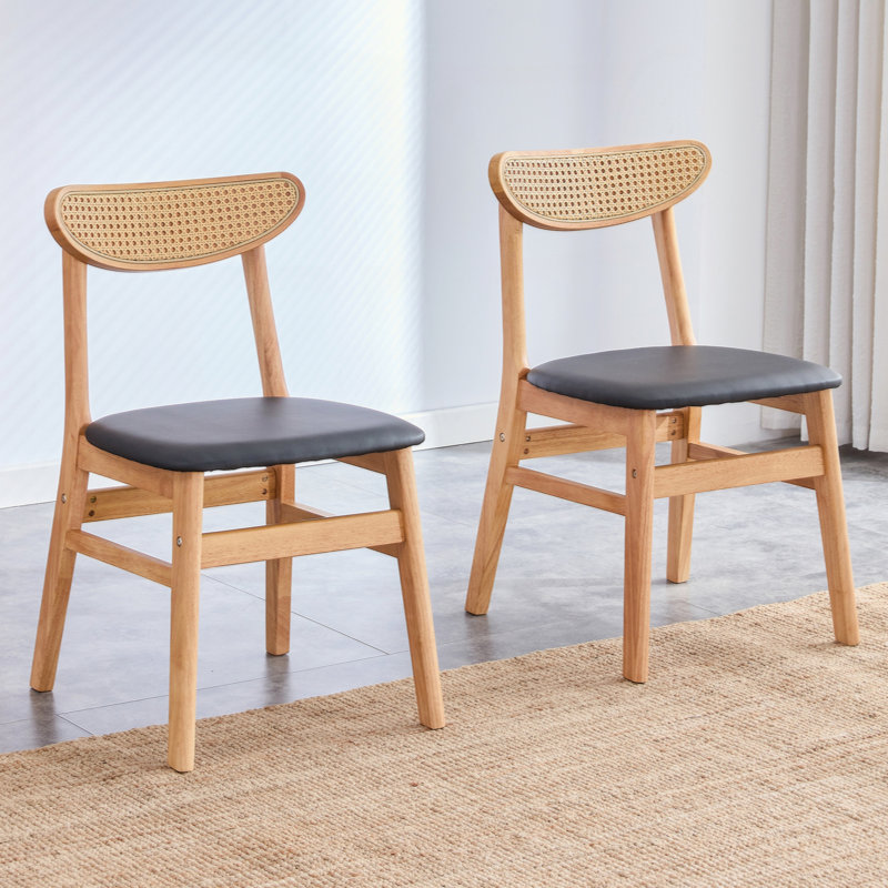 Chaises de salle à manger en bois d'hévéa avec dossier en rotin Terrence, 2, Bois naturel