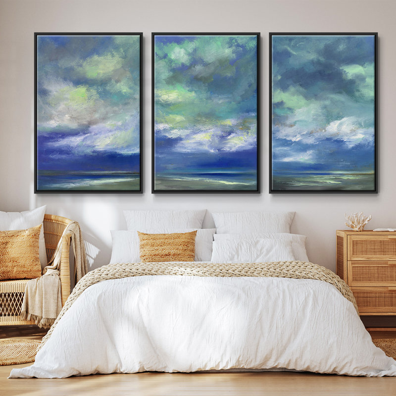 Island Dusk, ensemble de 3 toiles encadrées, H 27 po x l 54 po, Cadre noir