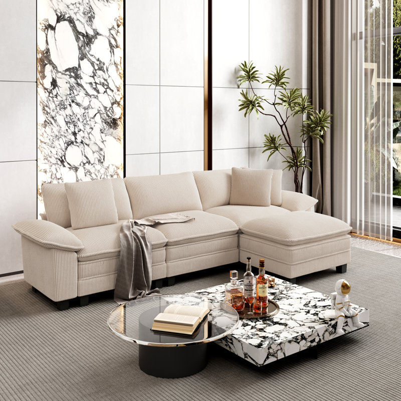 Sofa & Chaise, Beige Corduroy, 4