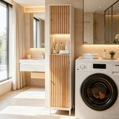 Armoire de rangement de salle de bain haute et autoportante avec porte à lattes de bambou, fini naturel et blanc