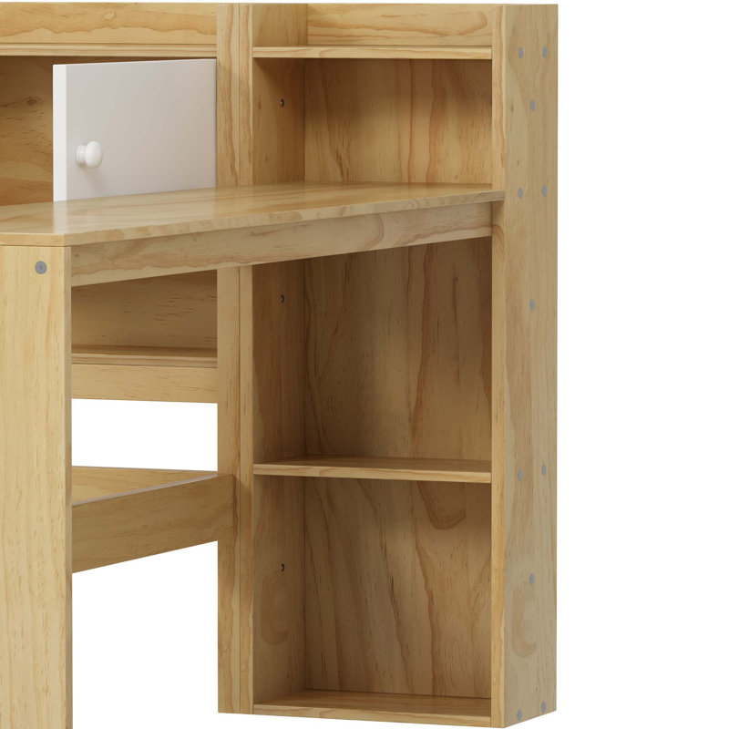 Wooden L-Shape Daybed With Seven Storage Cabinets And Two Storage Drawers, Multi-Functional Bed With Study Desk And Built-In Bookshelf