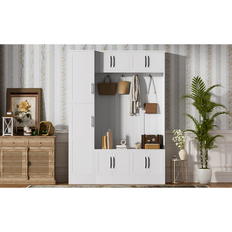 VIBE HAUS 79'' Tall Modern Hall Tree With Shoe Storage, 4-In-1 Entryway Bench With 6 Cabinets, 4 Coat Hooks & Adjustable Shelf For Hallway, Living Room, White