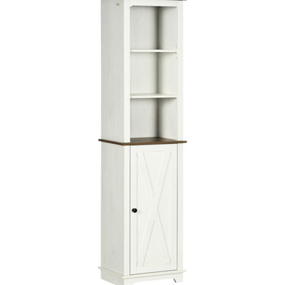 Slim Bathroom Linen Cabinet With Triple Open Shelves And Door, White Freestanding Storage Tower Adjustable Shelf For Cleaning Supplies, Hygiene Products Shelves, Door Products, Toilet Paper