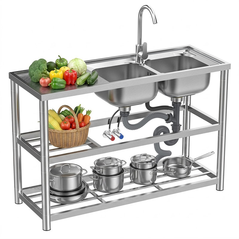 Évier de cuisine commercial à double cuve en acier inoxydable, autoportant, avec robinet