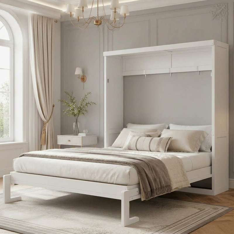 Lit escamotable double avec armoire pliante, blanc, Double, Blanc
