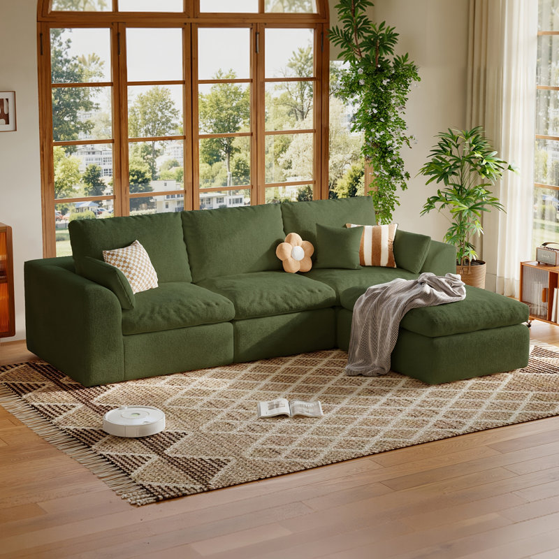Boneless 108.1''Modern Cloud Boneless Sectional Couch for Living Room,Deep Seat Cloud Sofa with Ottoman,L Shape Modular Sectional Couches, No Assembly Comfy Upholstered Couch(3 Seater + 1 Ottoman,White)