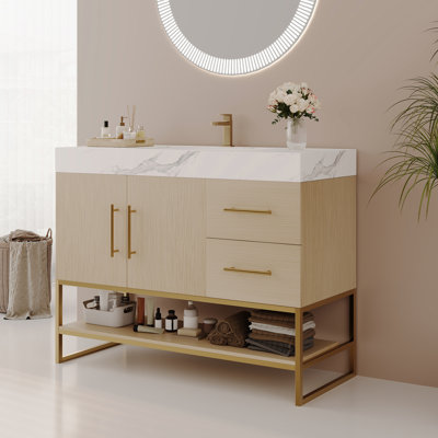 Meuble-lavabo moderne 36 po avec lavabo en céramique sans couture et armoire autoportante dorée