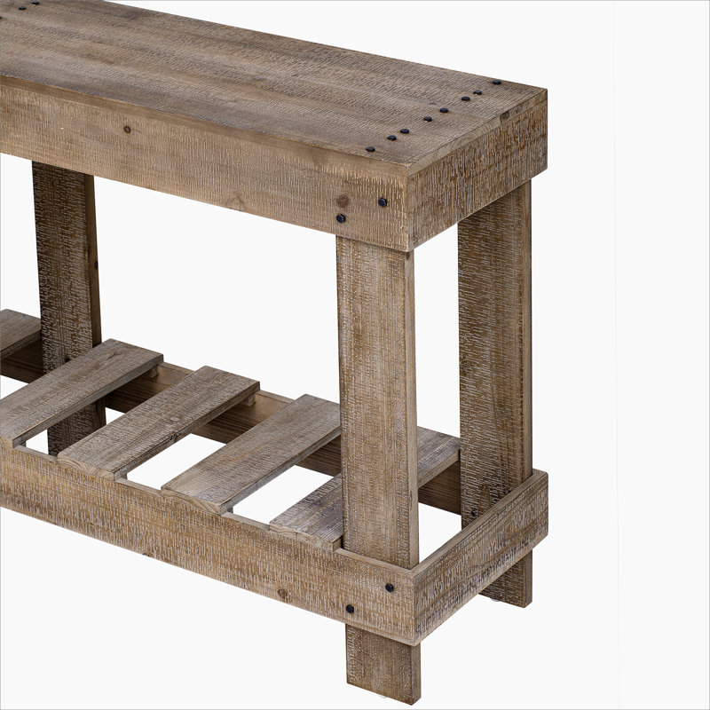 Table d'entrée 62,9 "en bois de cèdre massif avec grain naturel, 6 pieds renforcés et bureau épais de 4,5 po, décor de rivet en métal et sous-tablette en planches