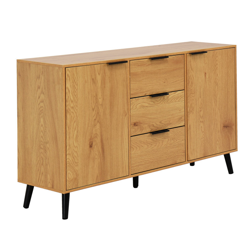 Buffet avec buffet, cuisine avec rangement fonctionnel, 3 tiroirs et 2 portes, couleur bois naturel, armoire robuste pour et et doux