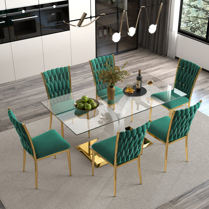 Ensemble de salle à manger moderne en verre, base en métal doré et chaises en velours 4/6 pour la cuisine et la salle à manger