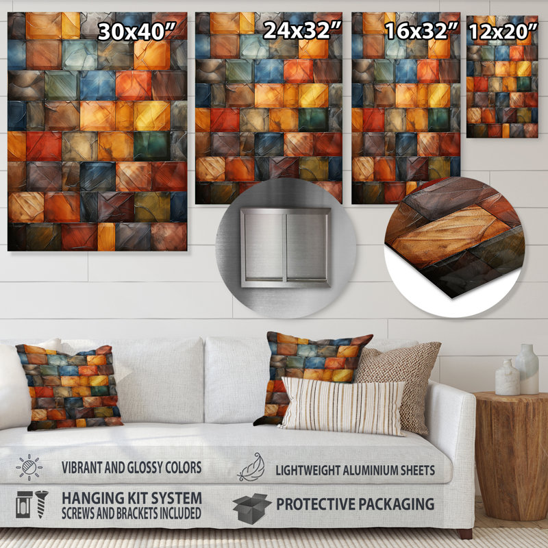 «Geometric Harmony Abstract Brown Tiles I», art mural en métal abstrait, H 20 po x l 12 po x P 1 po