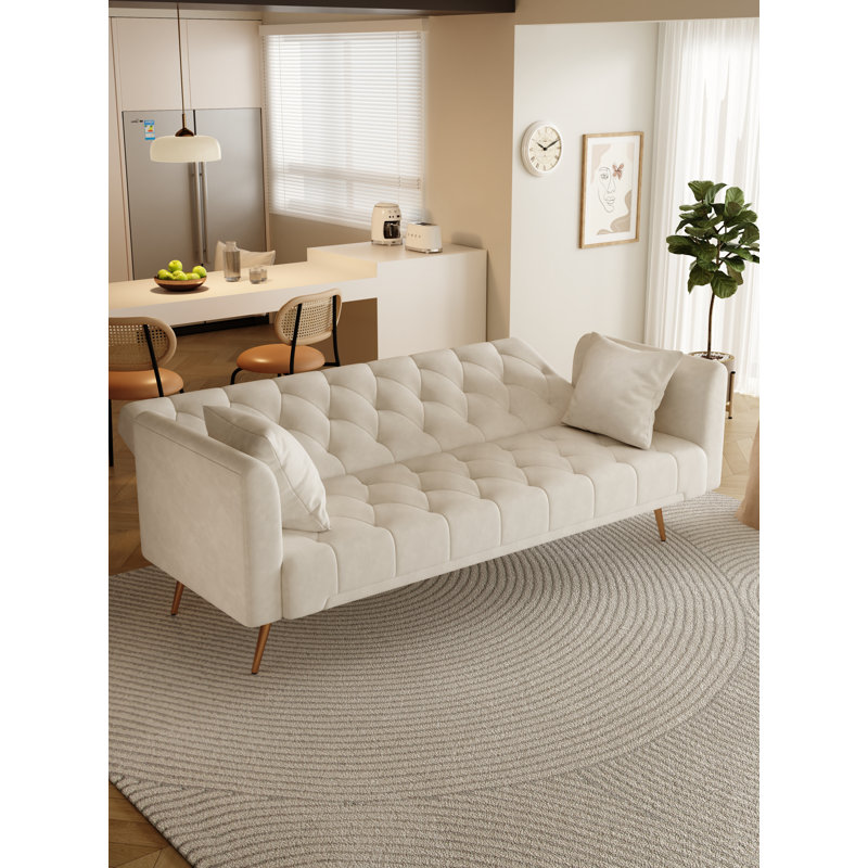 Queen 71'' Velvet Convertible Sofa, Beige Velvet