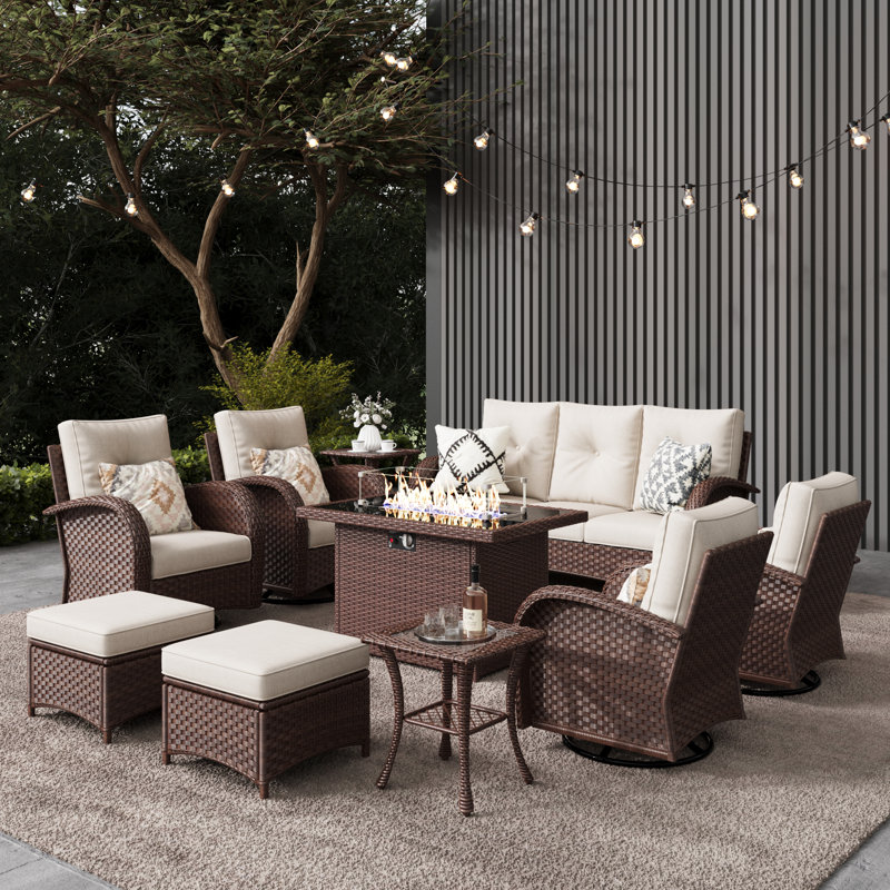 Red Barrel Studio® 10 Pieces Outdoor Patio Furniture Set with Fire Pit Table, Rattan Wicker Sectional Swivel Rocker Chairs Sets