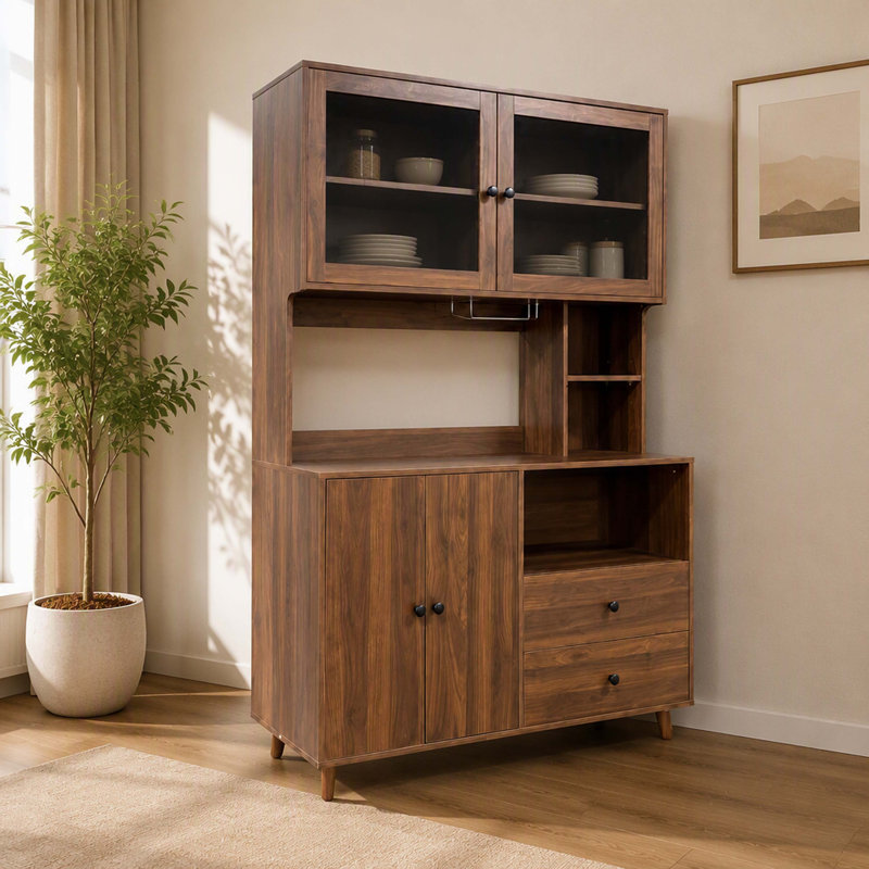 Buffet de cuisine moderne avec portes vitrées, grand placard de rangement avec espace micro-ondes et tiroirs fonctionnels, meuble de rangement multifonctionnel pour salle à manger