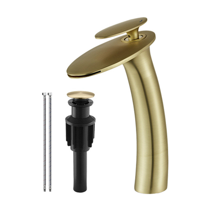 Robinet de salle de bain à un trou Waterfall avec plaque de recouvrement et drain escamotable, Brushed Gold