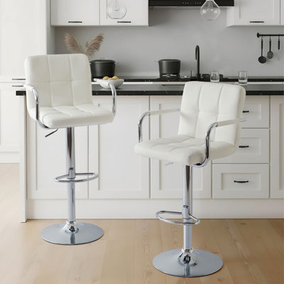 Set of 2 Adjustable Swivel Bar Stools, Modern PU Leather Upholstered Counter Height Bar Chairs with Chrome Base and Footrest, White