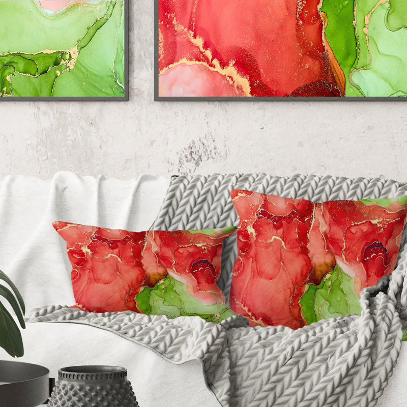 Coussin décoratif abstrait rouge et vert de luxe avec imprimé moderne 12 po x 20 po