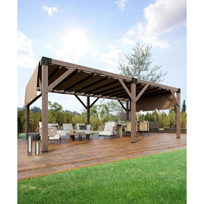 12' x 20' Cedar Wood Pergola with Retractable Shade Canopy - Heavy-Duty Outdoor Patio Structure - Sturdy, Weather-Resistant, Reddish Brown