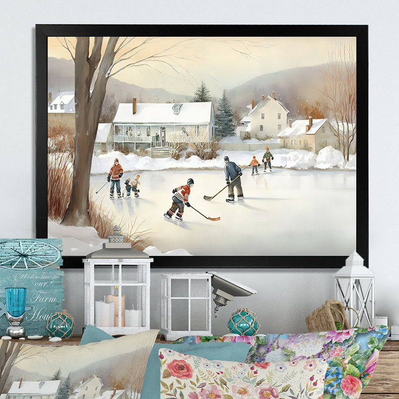 Enfants jouant au hockey en hiver - Décoration murale de hockey sport, Impression noire sur toile encadrée