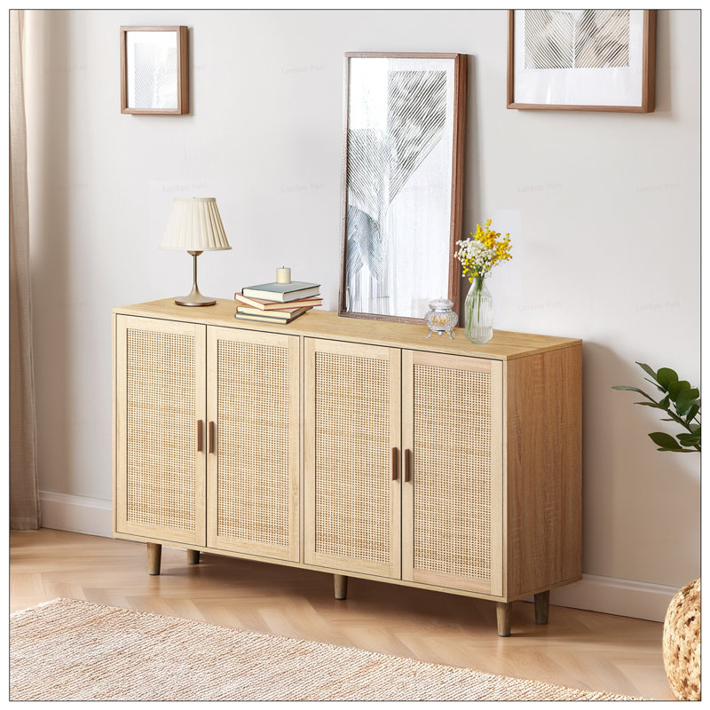 Elegant And Functional 4-Door Rattan Decorative Storage Cabinet, Ideal For Bedroom, Living Room, And Office, Easy Assembly