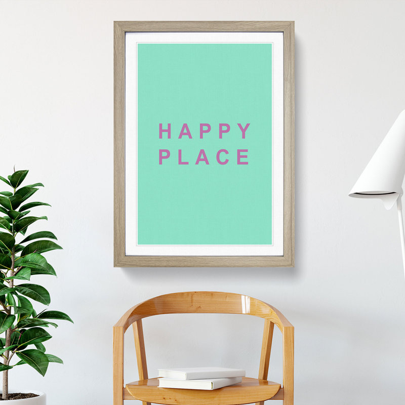 Happy Place Teal - Picture Frame Typography, Oak Framed, 36cm H x 27cm W x 2cm D