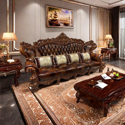 Solid Wood Double-sided Carved American Sofa 122'' Leather Sofa