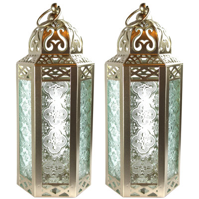 Lampe de bougie marocaine de style lanterne marocaine pour la table ou la pendaison, les décorations du Ramadan, les mariages, la décoration intérieure, le patio extérieur ou le porche (ensemble de 2)