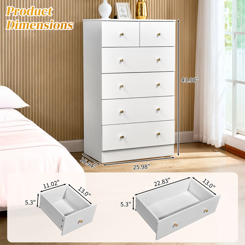  6-Drawer Large Dresser For Bedroom And Chest Of Drawers With Sturdy Construction Wood Storage Organizer For Closet, White
