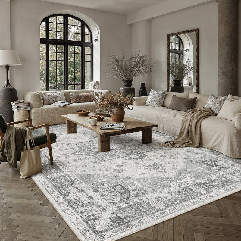 Tapis lavable rétro patiné avec envers antidérapant, Gris, Rectangulaire 8 pi x 10 pi