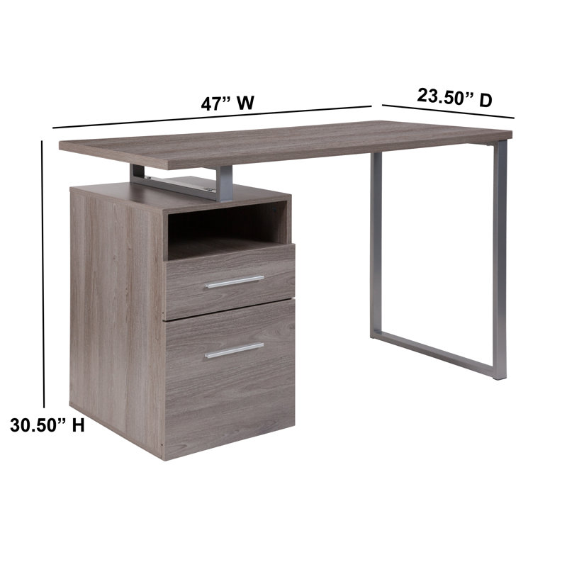 Light Ash Wood Computer Desk with Drawer and Silver Frame