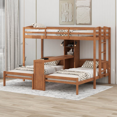 Twin Over Twin And Twin Bunk Bed With Desk & Storage Shelves, Space-Saving Wooden Triple Bunk Bed Frame With LED Lighting