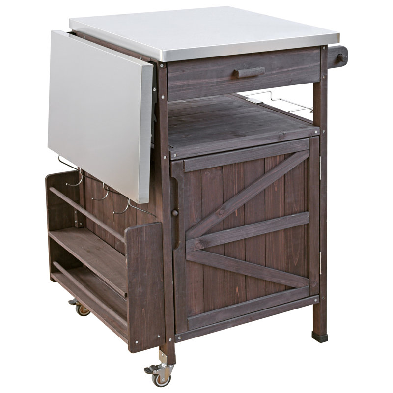 40.5" Outdoor Grill Cart With Stainless Steel Top, Solid Wood Storage Cabinet With Drop Leaf, Drawer, Towel Rack And Lockable Wheels, Brown