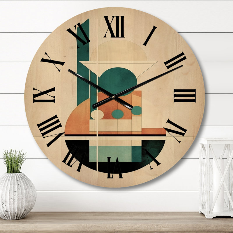 Glorious Full Moon Retro Gold & Teal Abstract II - Modern Geometric Oversized Wood Wall Clock, Medium