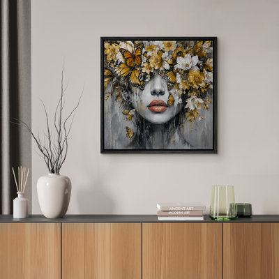 Glam Gray Woman Face With Gold Flowers Orange Butterflies And Soft Lips Framed Canvas Master Bedroom Wall Art Work Print