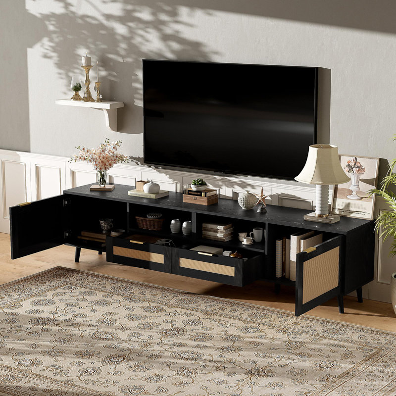 Rattan TV Stand, Modern Farmhouse Media Console with Solid Wood Legs, Ample Storage for Living Room and Home Theatre