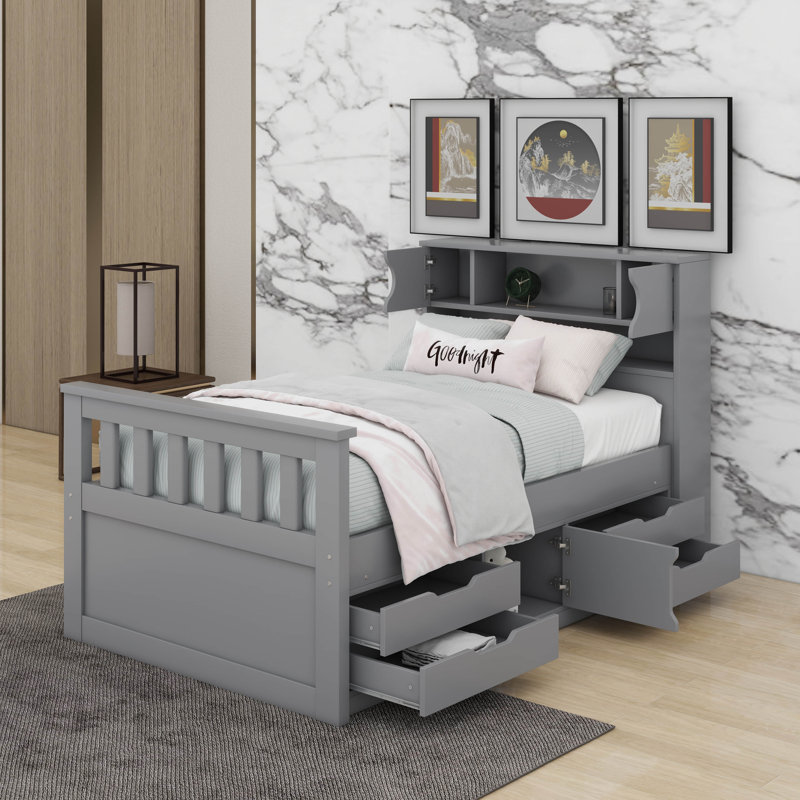 Base de lit plateforme simple avec bibliothèques, étagères et tiroirs, Gris