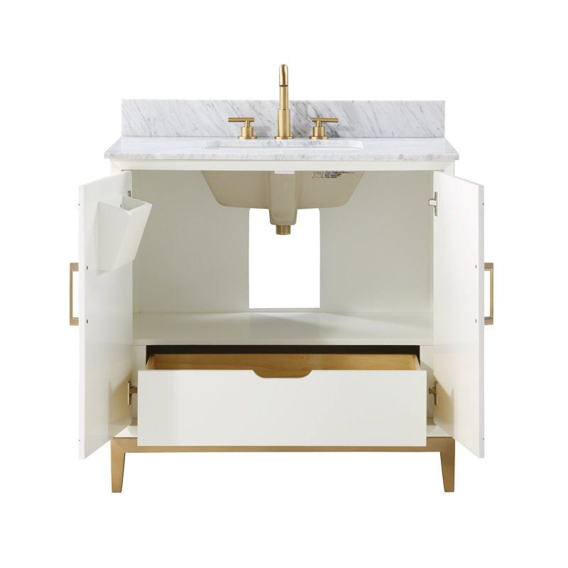 Gracie 36'' W Single Vanity, Satin White, Carrara Marble, Satin Brass