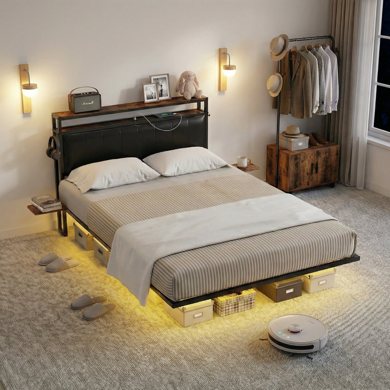 Double Metal Bed Frame with Upholstered Headboard & Storage