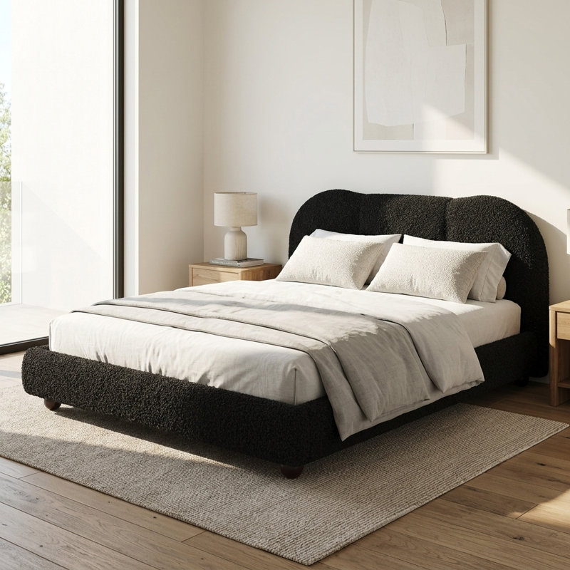 Cadre de lit plateforme rembourré avec tête de lit courbée en boucle, cadre de lit moderne avec support à lattes en bois, aucun sommier requis