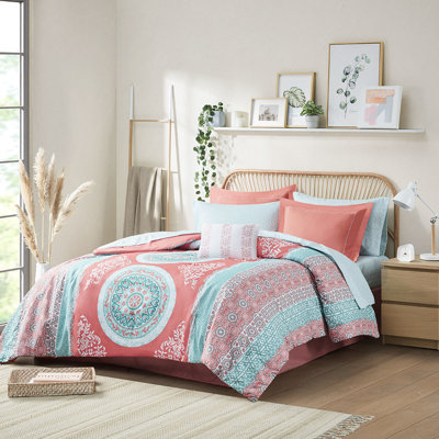 Grand édredon avec draps - médaillon corail, 1 coussin décoratif, imprimé médaillon de literie lavable à la machine en corail, 2 taies d'oreiller,