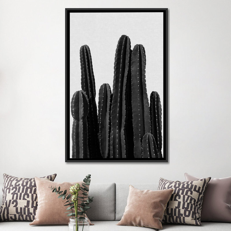 «Cactus I», impression sur toile en noir, H 60 po x l 40po x P 1,5 po, Toile avec cadre noir, Pas de tapis